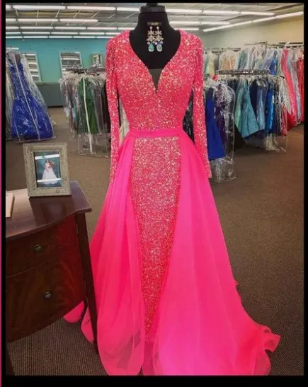 Pink Sequin Prom Dresses Long Sleeves V Neck Evening Gowns with Train