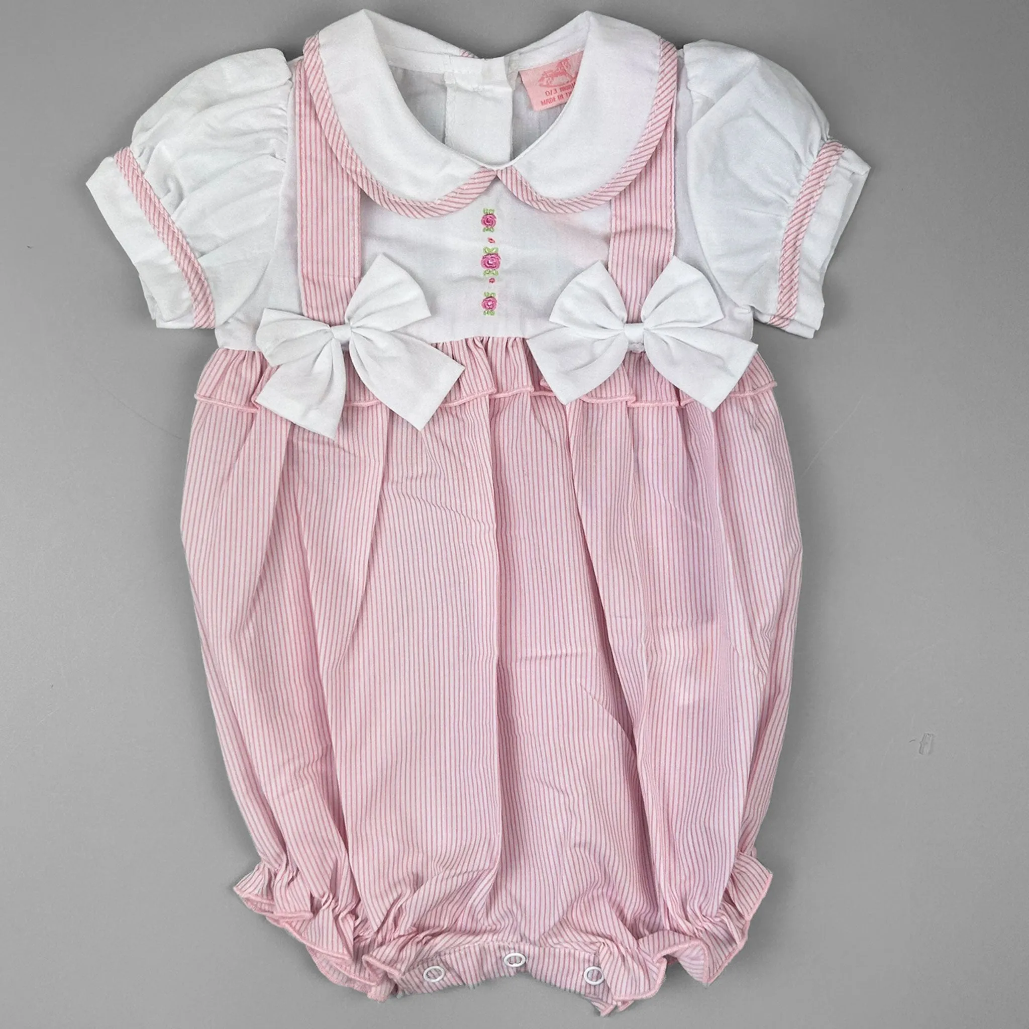Pink Striped Baby Romper with Peter Pan Collar and Bows