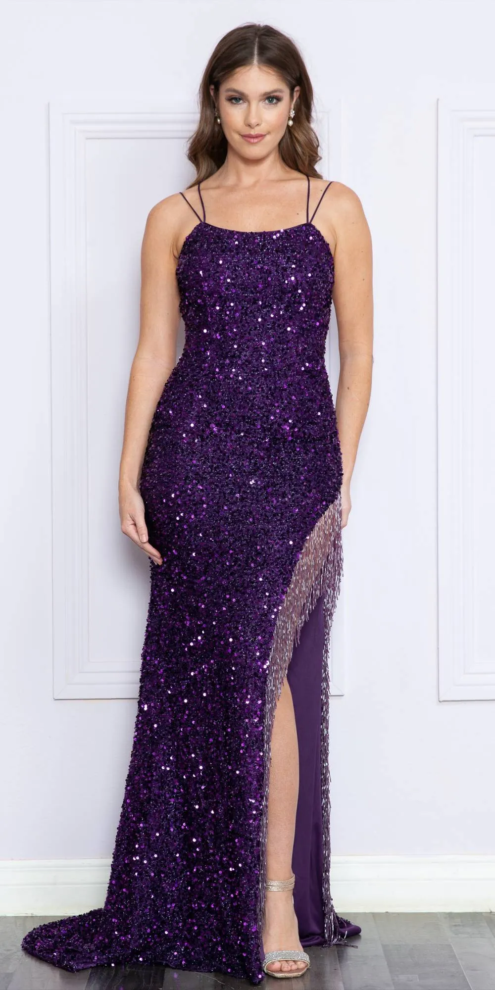 Poly USA 8982 Long Fitted Sequin Velvet Knit with Fringe Slit
