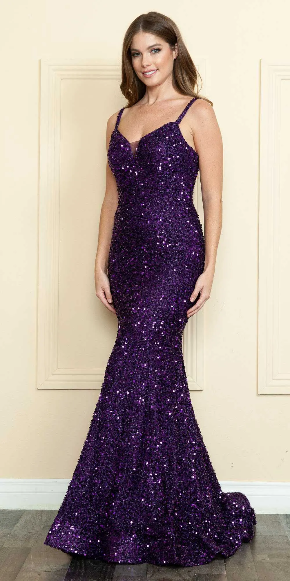 Poly USA 9002 Floor Length Sequin Velvet Knit Formal Gown