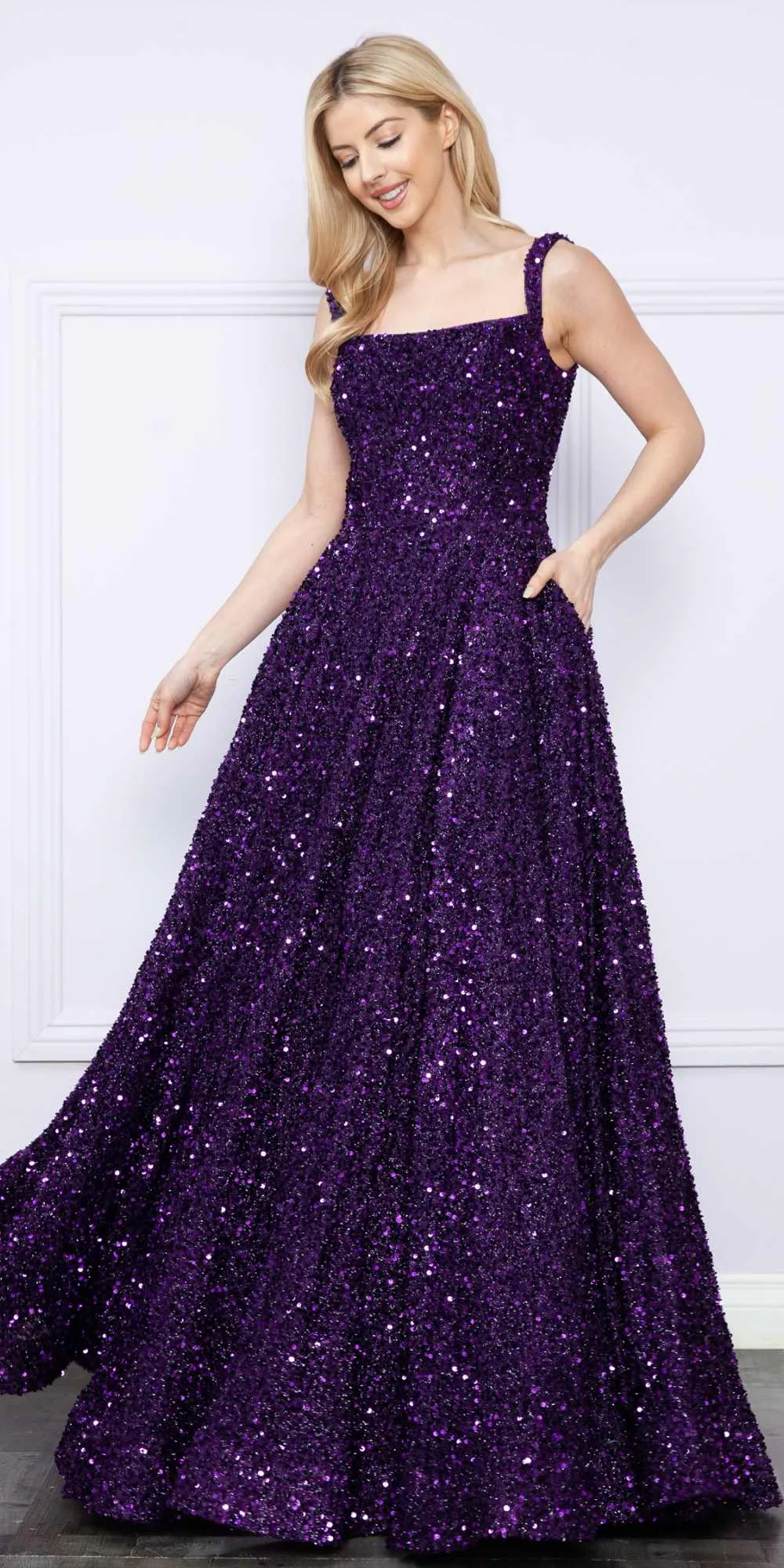 Poly USA 9106 Floor Length A-Line Sequin Gown Square Neckline