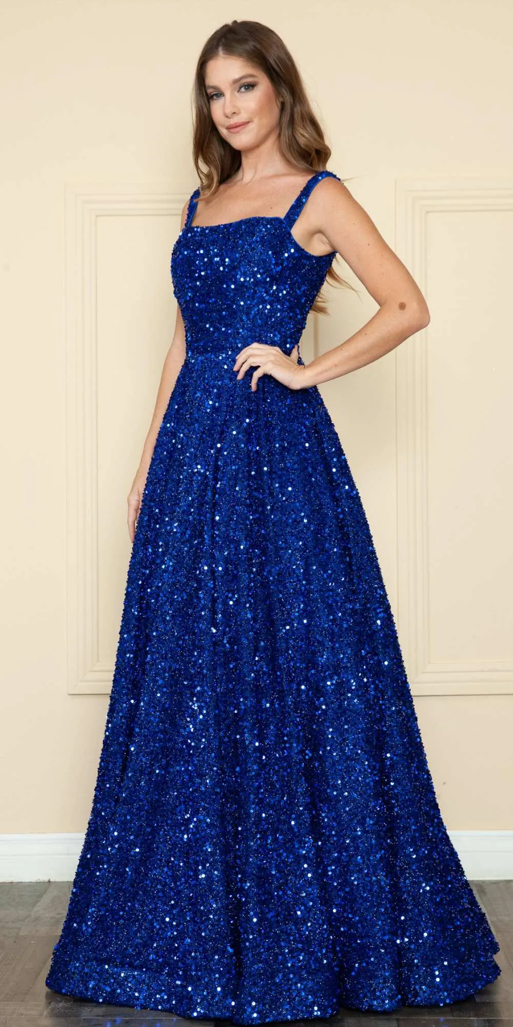Poly USA 9106 Floor Length A-Line Sequin Gown Square Neckline