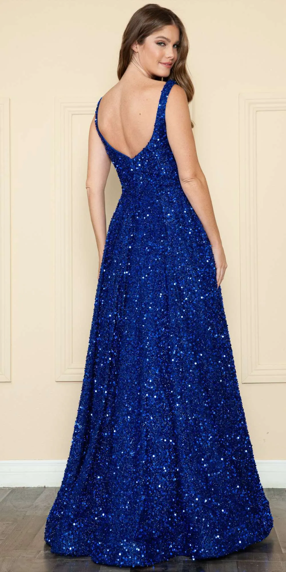 Poly USA 9106 Floor Length A-Line Sequin Gown Square Neckline