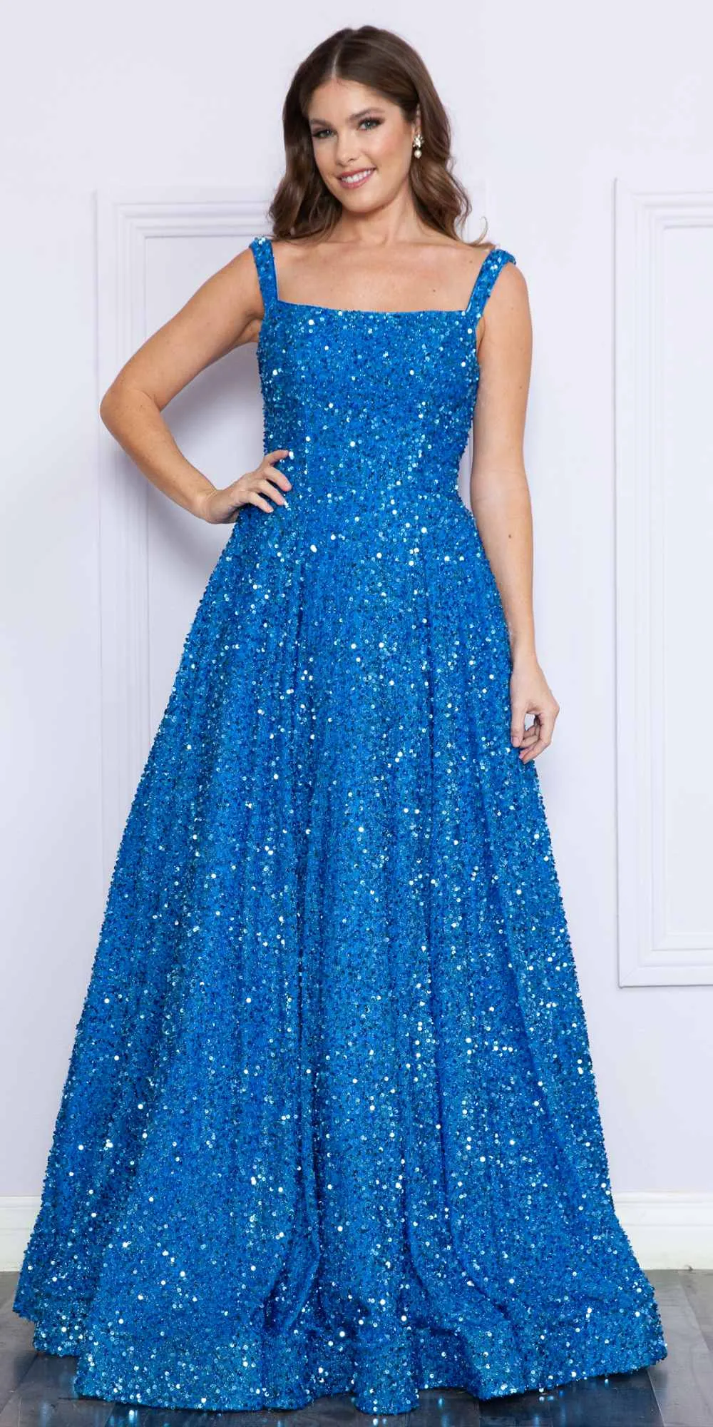 Poly USA 9106 Floor Length A-Line Sequin Gown Square Neckline