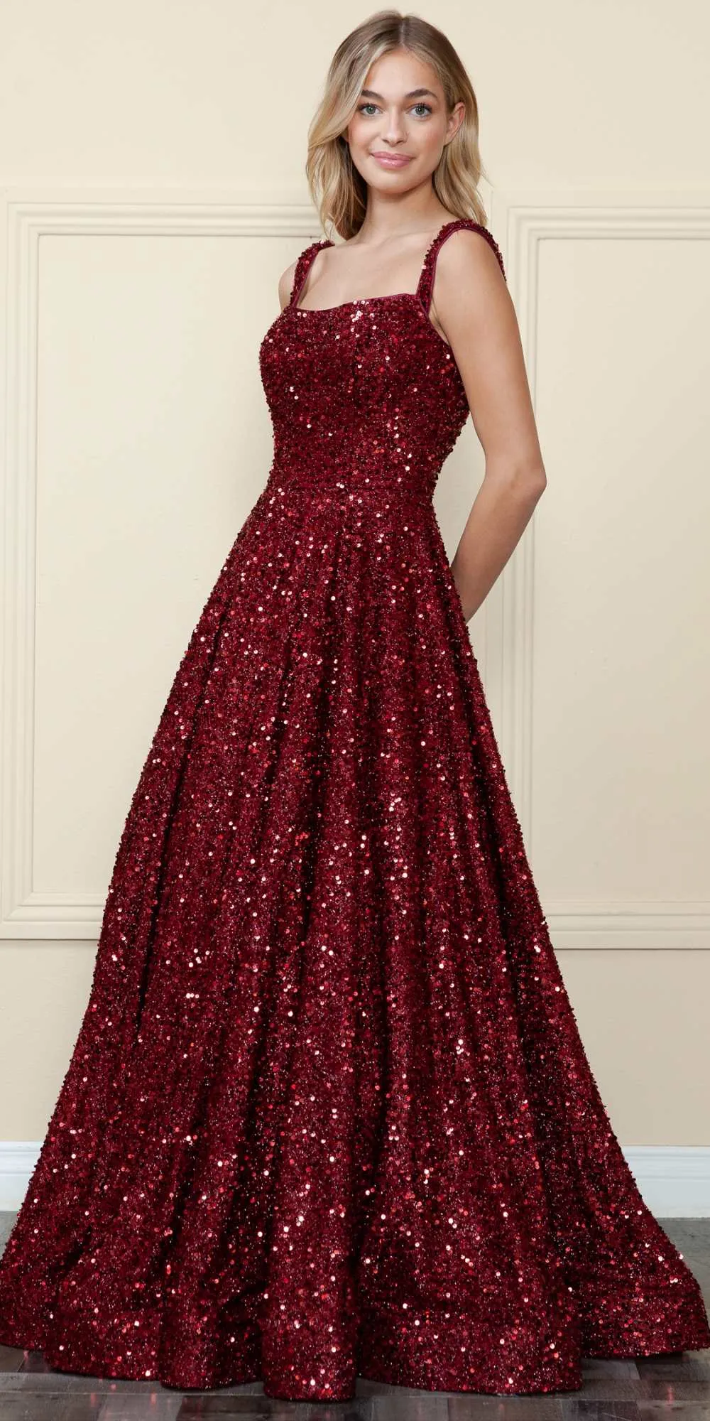 Poly USA 9106 Floor Length A-Line Sequin Gown Square Neckline