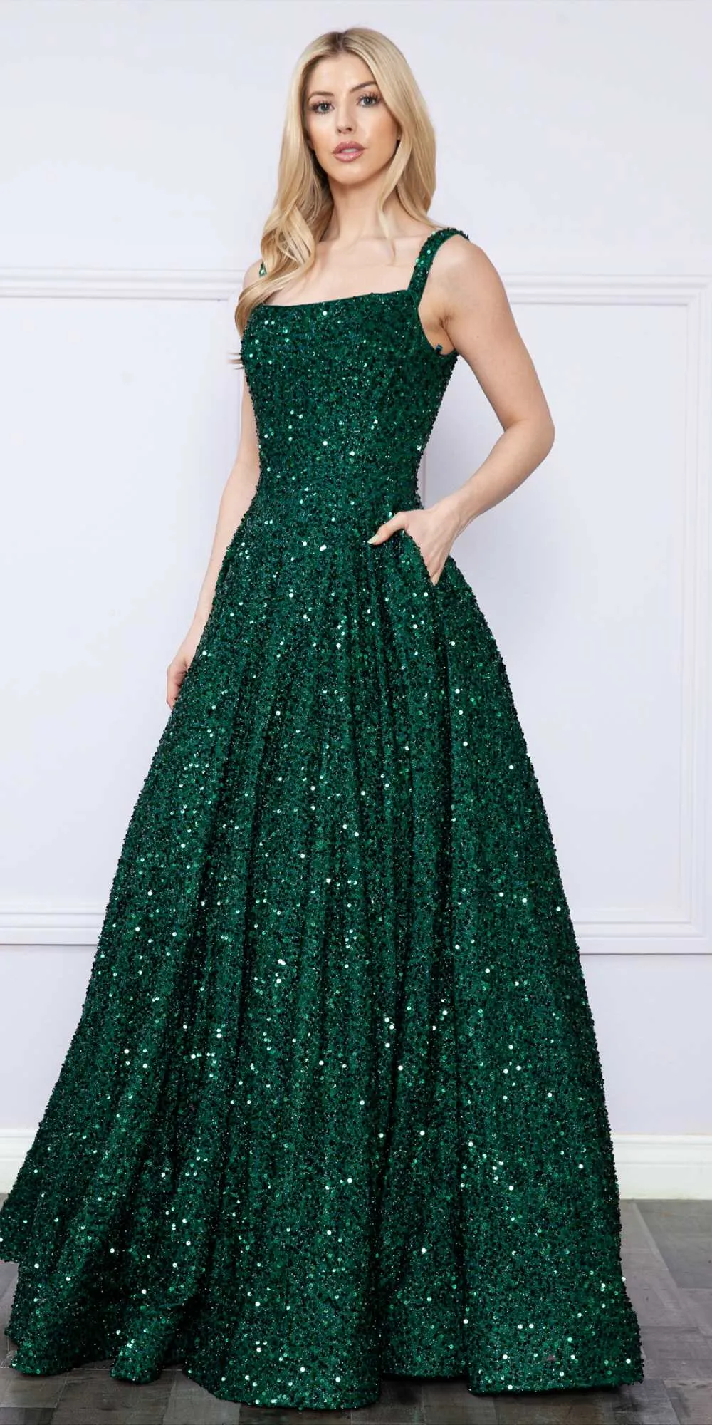 Poly USA 9106 Floor Length A-Line Sequin Gown Square Neckline