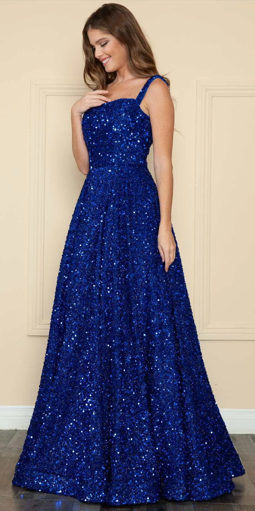 Poly USA 9106 Floor Length A-Line Sequin Gown Square Neckline