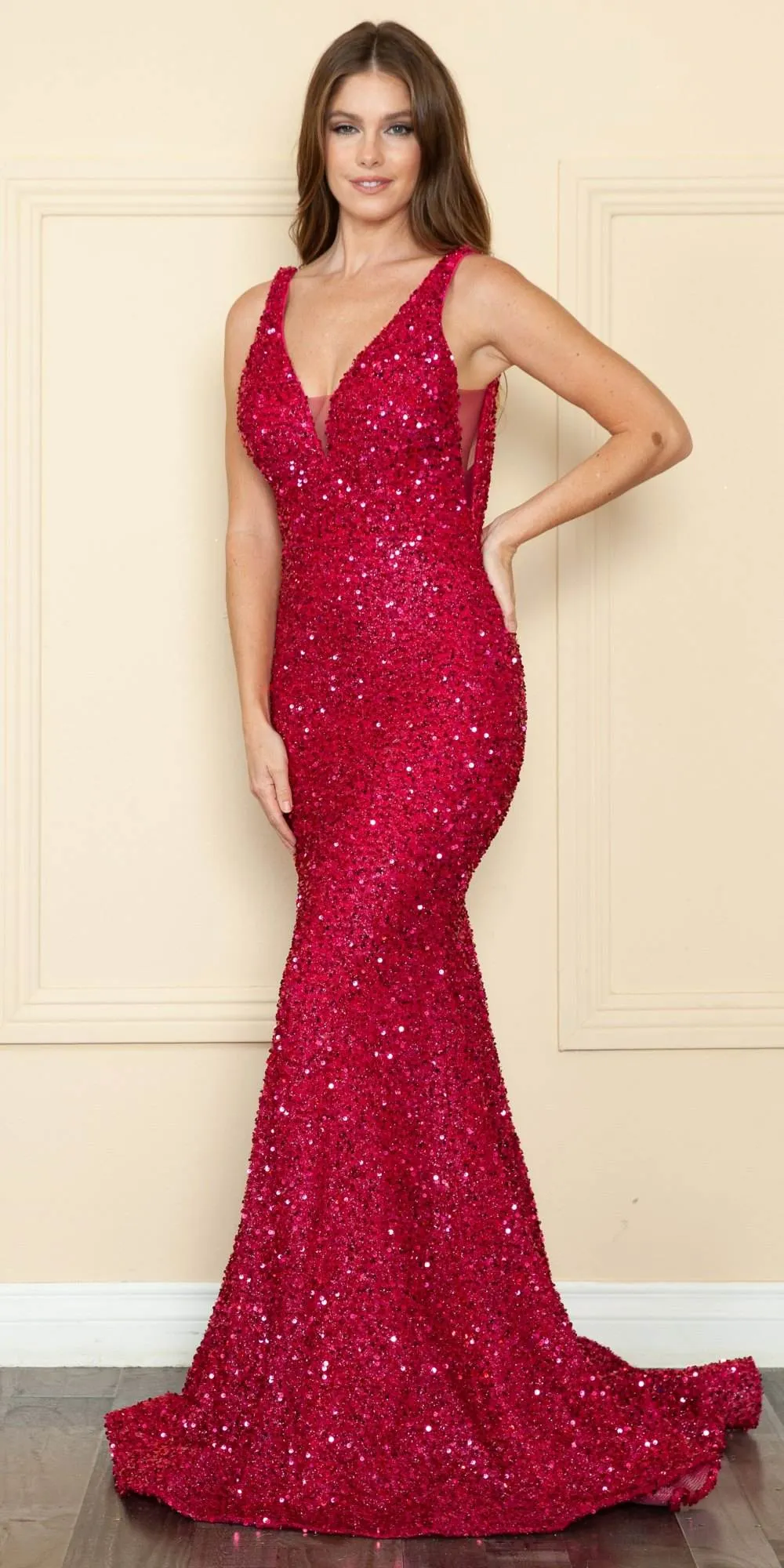 Poly USA 9108 Floor Length V-Neck Sequin Velvet Knit Gown