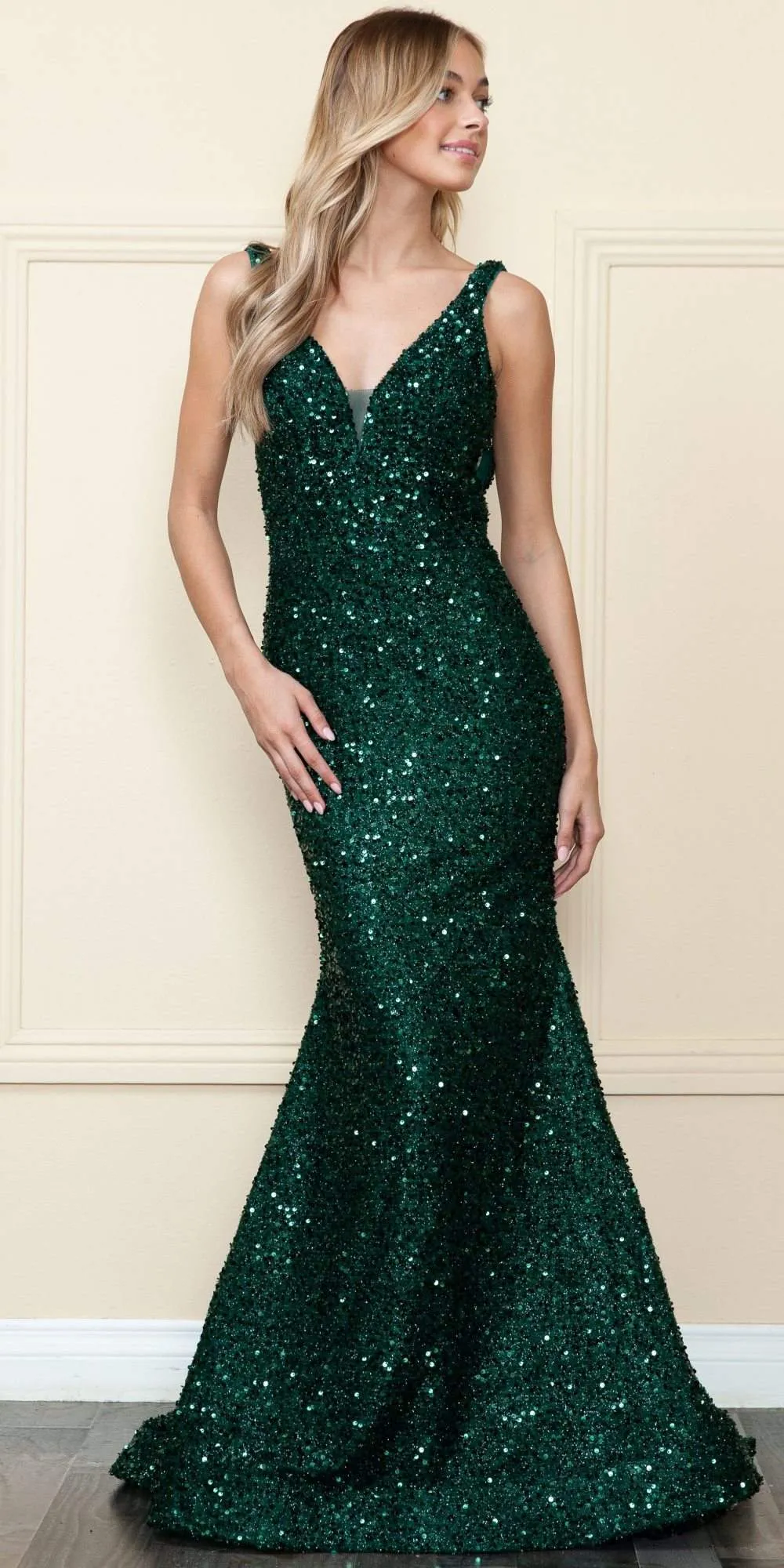Poly USA 9108 Floor Length V-Neck Sequin Velvet Knit Gown