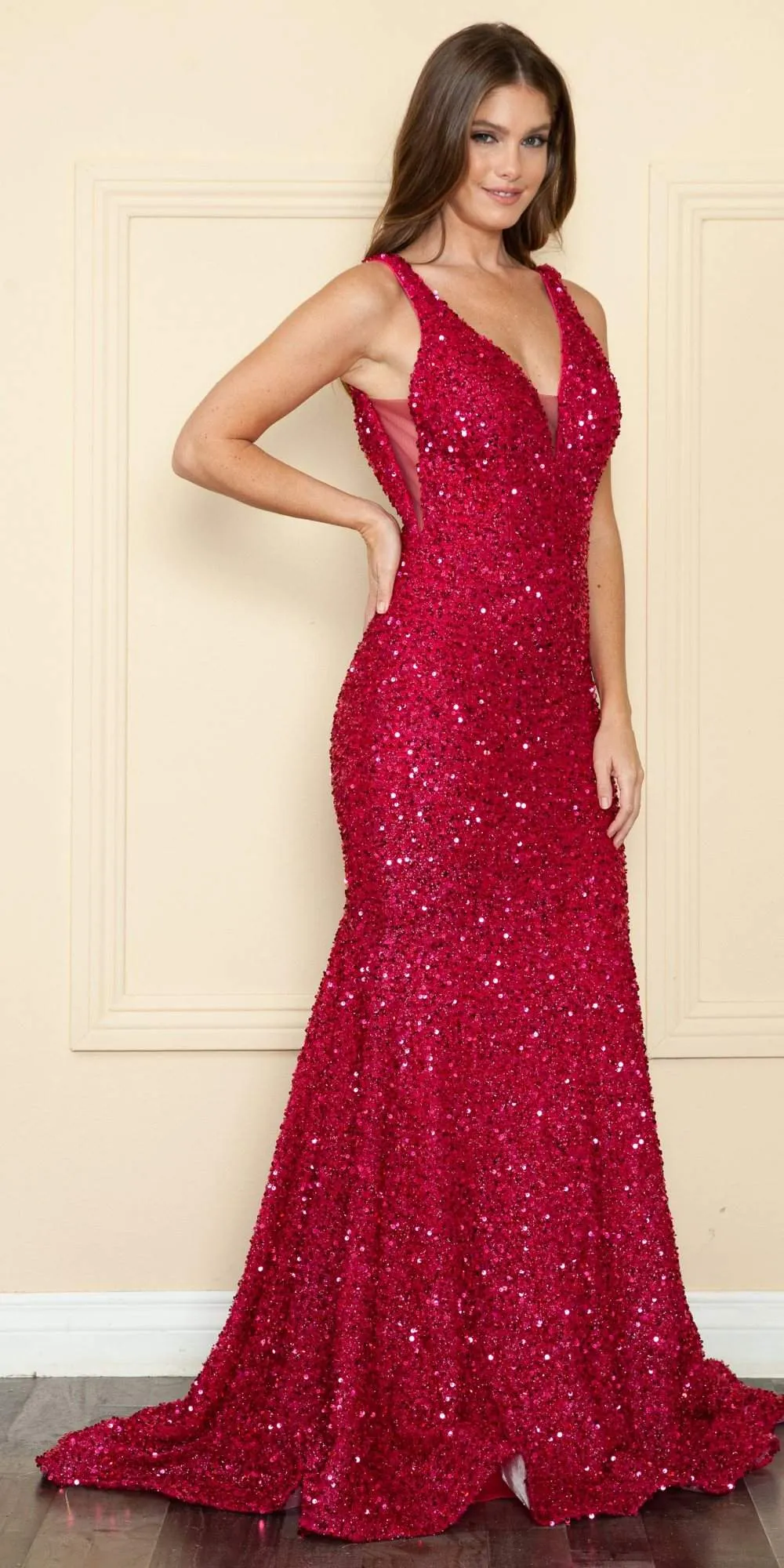 Poly USA 9108 Floor Length V-Neck Sequin Velvet Knit Gown