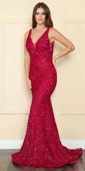 Poly USA 9108 Floor Length V-Neck Sequin Velvet Knit Gown