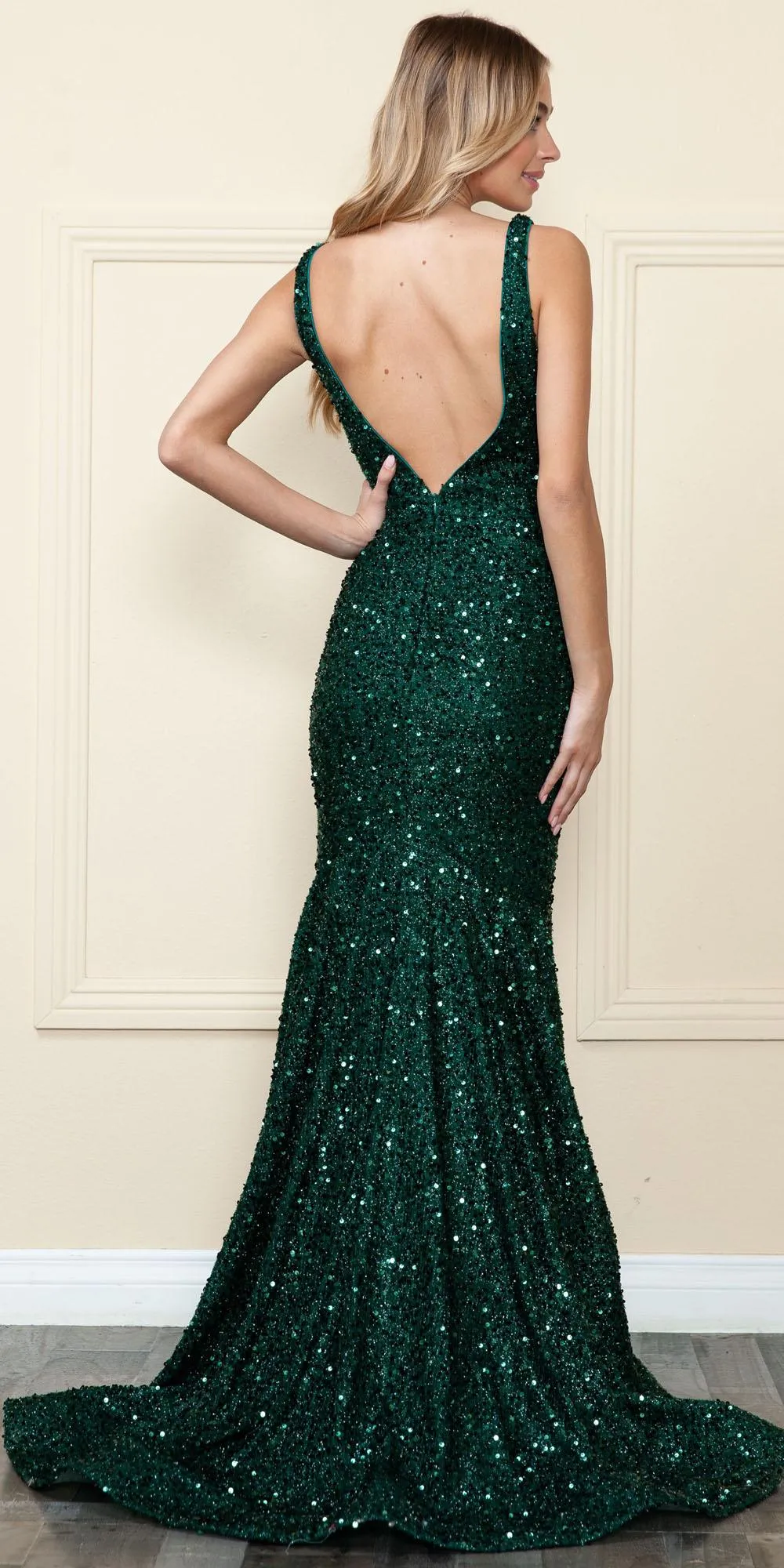 Poly USA 9108 Floor Length V-Neck Sequin Velvet Knit Gown