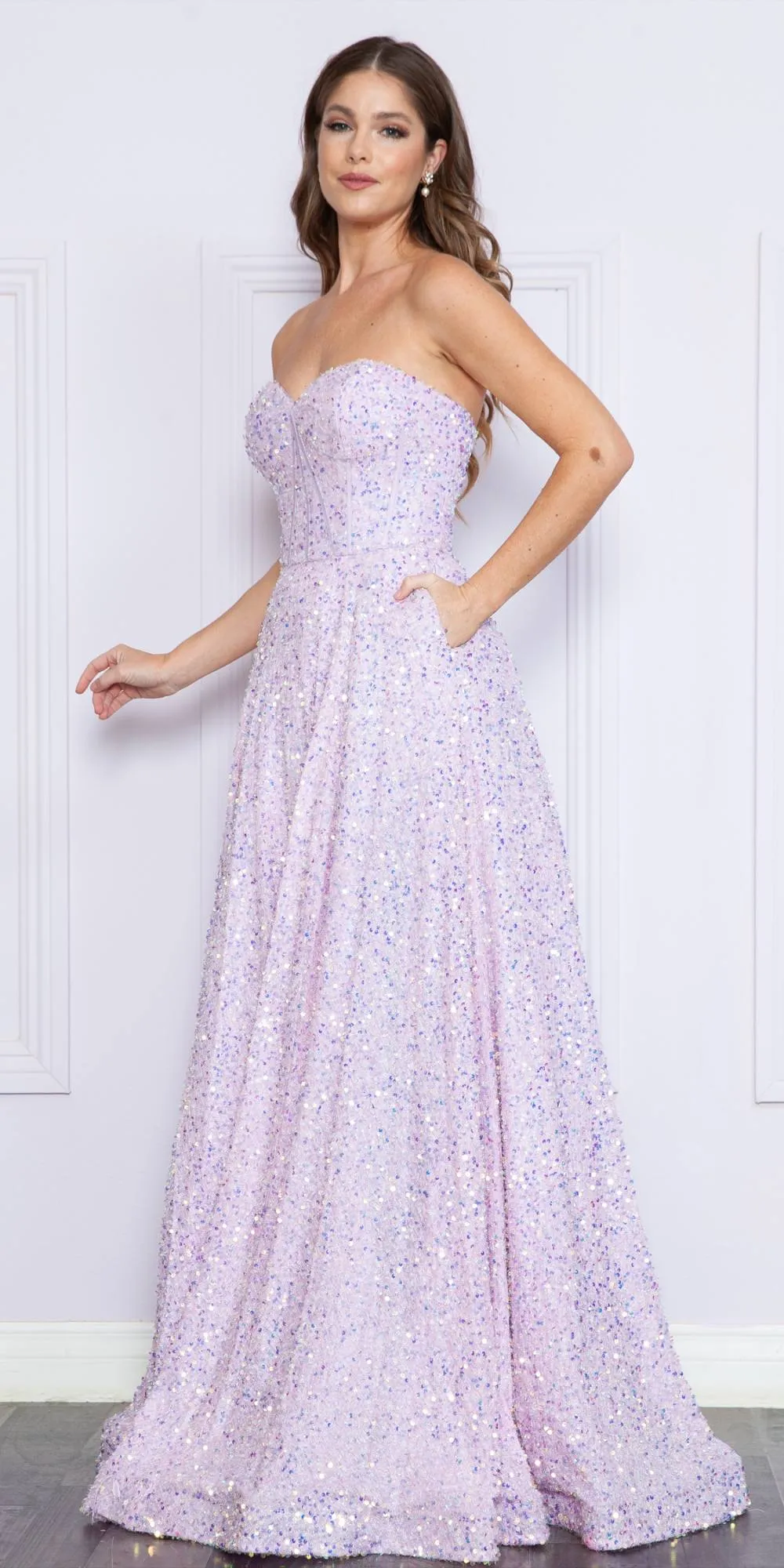 Poly USA 9152 Floor Length A-Line Sequin Dress Pockets Sweetheart Neck