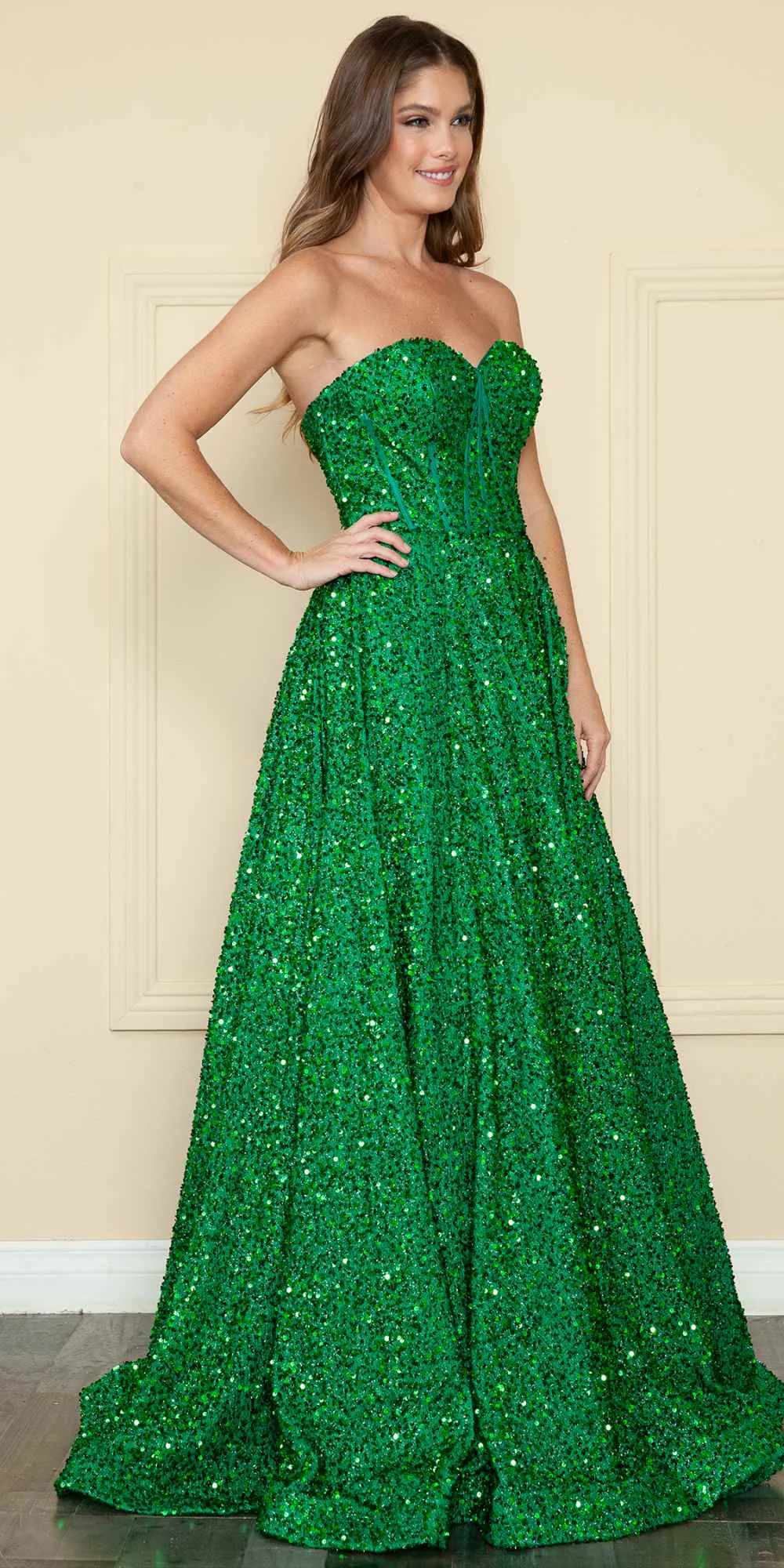 Poly USA 9152 Floor Length A-Line Sequin Dress Pockets Sweetheart Neck