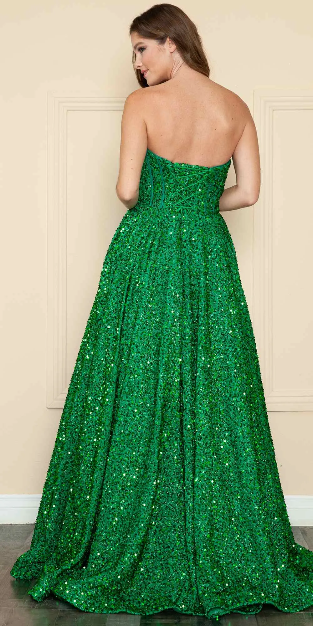 Poly USA 9152 Floor Length A-Line Sequin Dress Pockets Sweetheart Neck