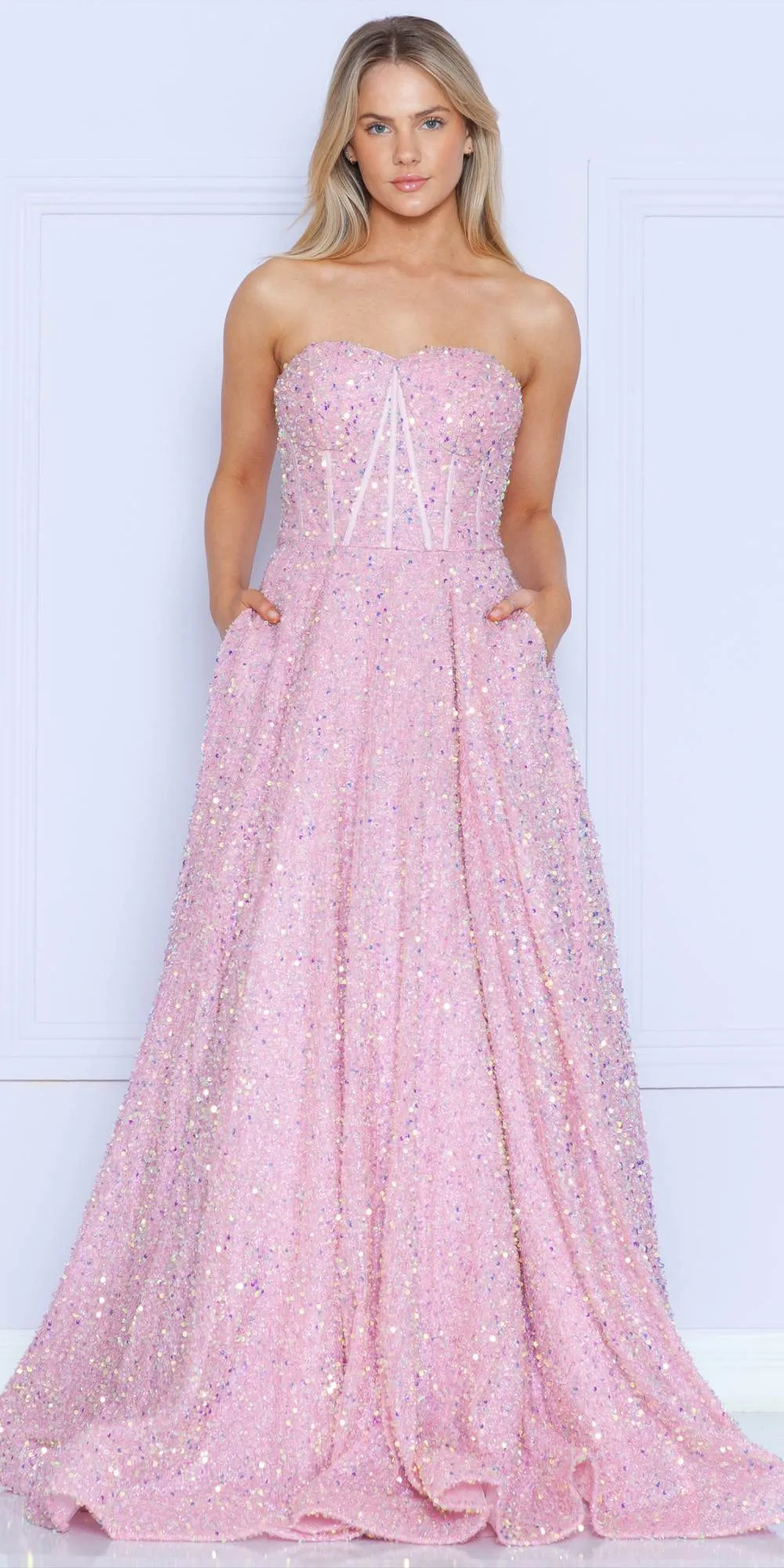 Poly USA 9152 Floor Length A-Line Sequin Dress Pockets Sweetheart Neck