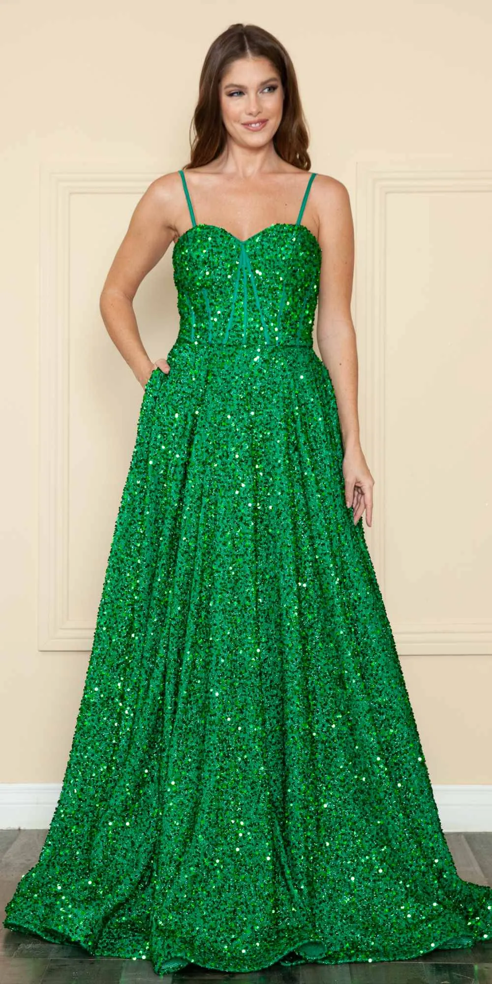 Poly USA 9152 Floor Length A-Line Sequin Dress Pockets Sweetheart Neck