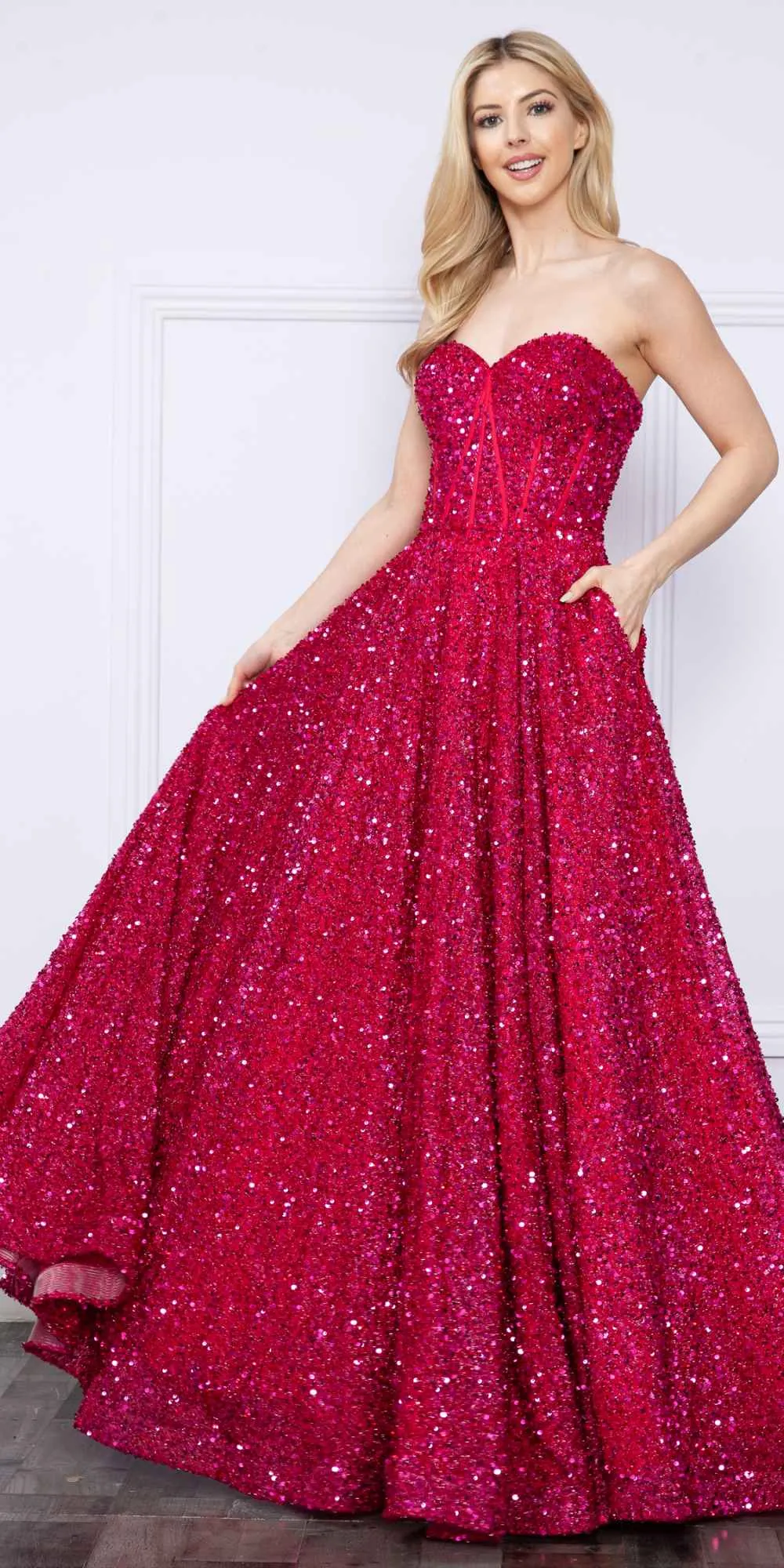 Poly USA 9152 Floor Length A-Line Sequin Dress Pockets Sweetheart Neck