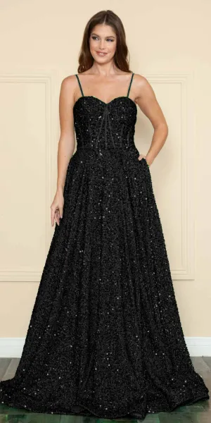 Poly USA 9152 Floor Length A-Line Sequin Dress Pockets Sweetheart Neck