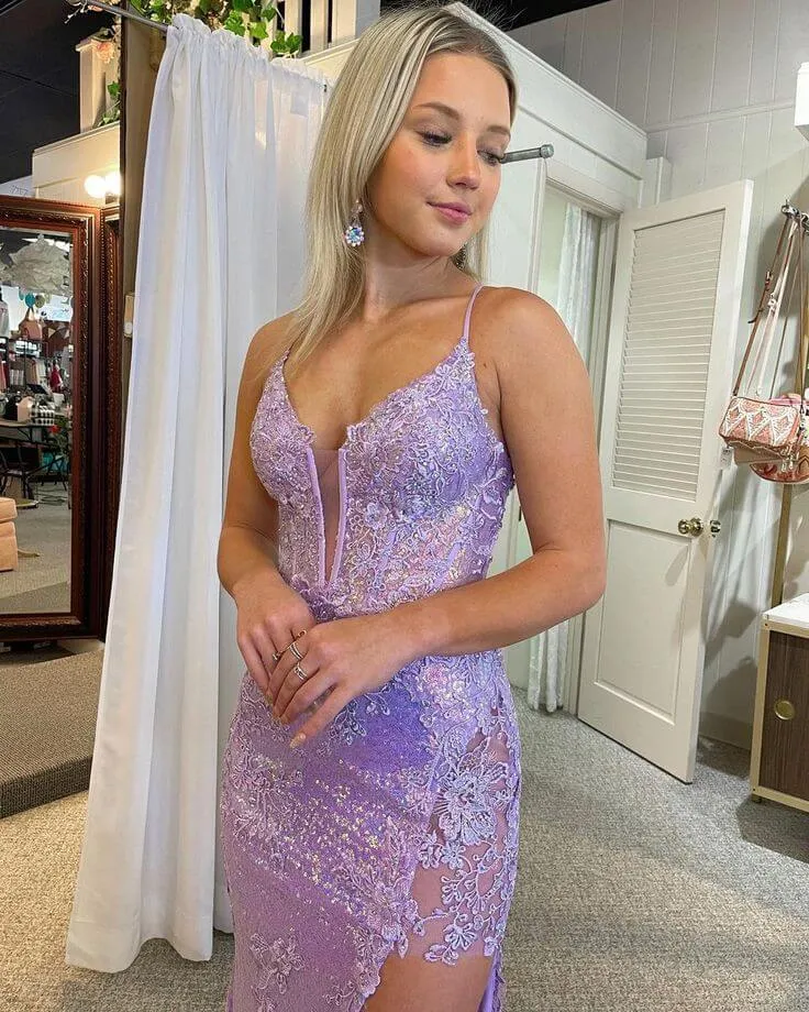 Pretty Mermaid Lavender Sequins V Neck Prom Dresses Lace With Applique