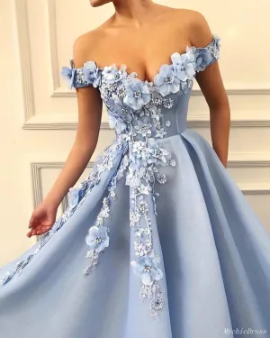 Princess Off-The-Shoulder Flower Prom Dresses A-line Appliques Long Evening Gown