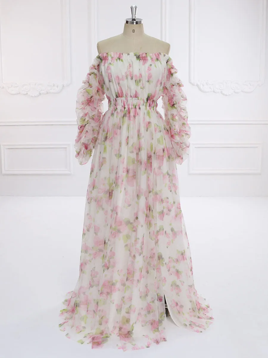 Printing Soft Tulle Maxi Dress See Through Pregnant Woman Photo Shoot Dresses YW231132