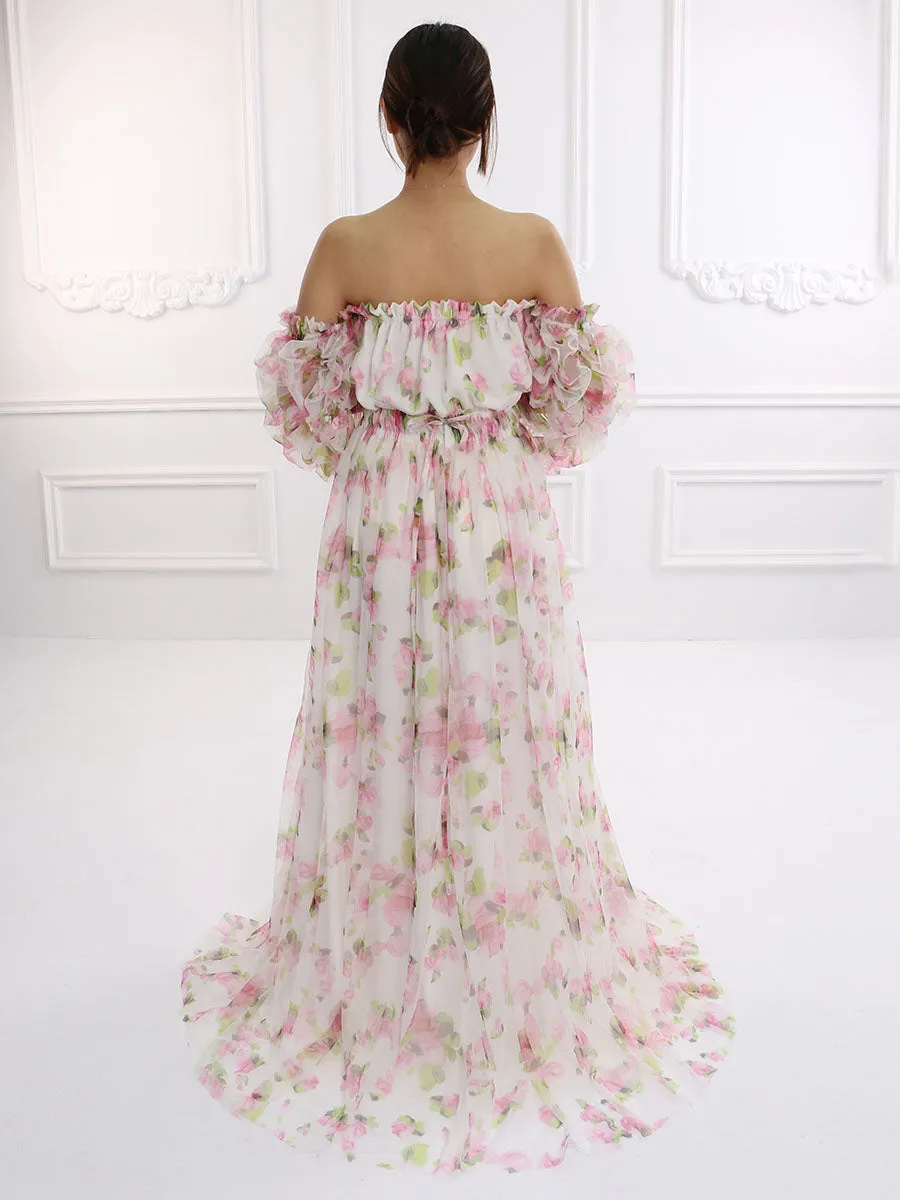 Printing Soft Tulle Maxi Dress See Through Pregnant Woman Photo Shoot Dresses YW231132