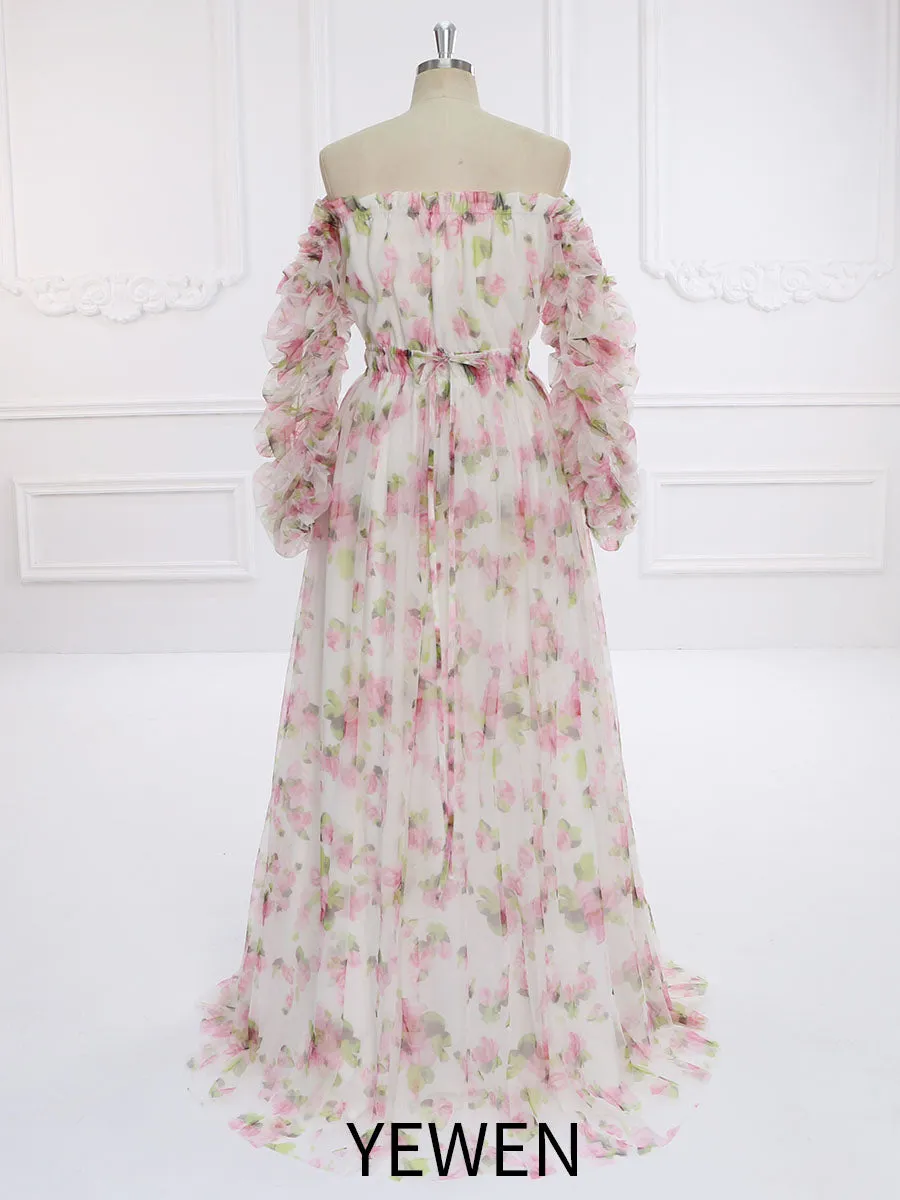 Printing Soft Tulle Maxi Dress See Through Pregnant Woman Photo Shoot Dresses YW231132