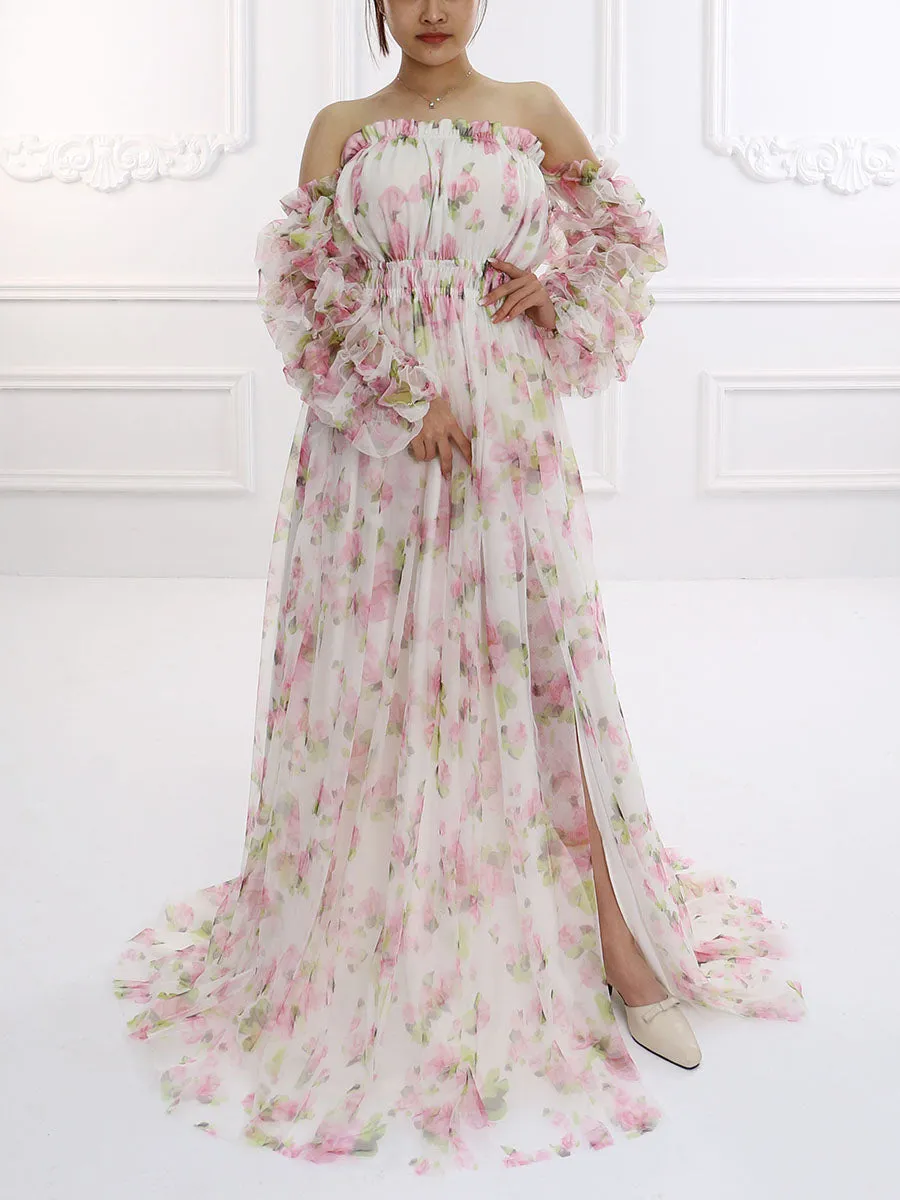 Printing Soft Tulle Maxi Dress See Through Pregnant Woman Photo Shoot Dresses YW231132