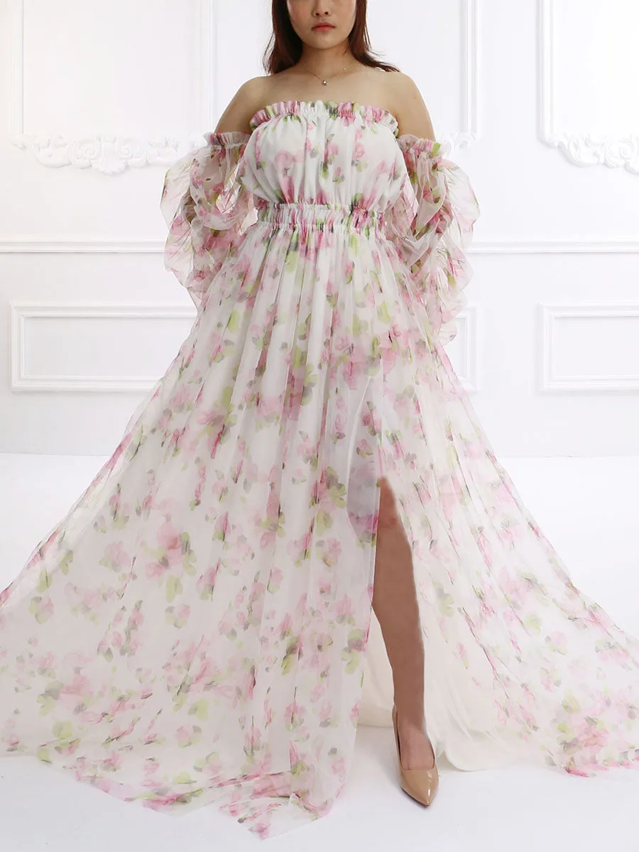 Printing Soft Tulle Maxi Dress See Through Pregnant Woman Photo Shoot Dresses YW231132