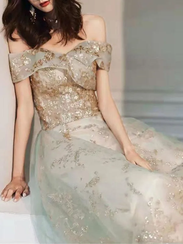 Prom Dress Mint Green Off The Shoulder A-Line Short Sleeves Lace-Up Sequins Long Party Dresses