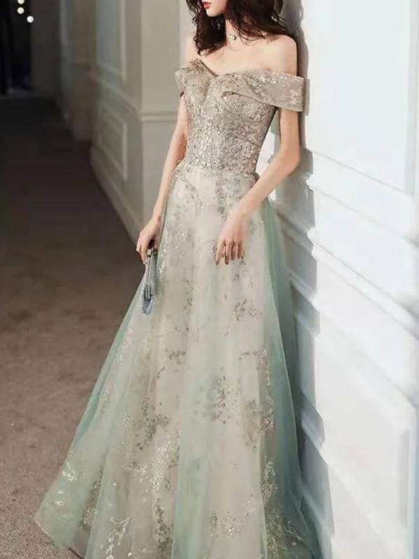 Prom Dress Mint Green Off The Shoulder A-Line Short Sleeves Lace-Up Sequins Long Party Dresses