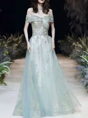 Prom Dress Mint Green Off The Shoulder A-Line Short Sleeves Lace-Up Sequins Long Party Dresses