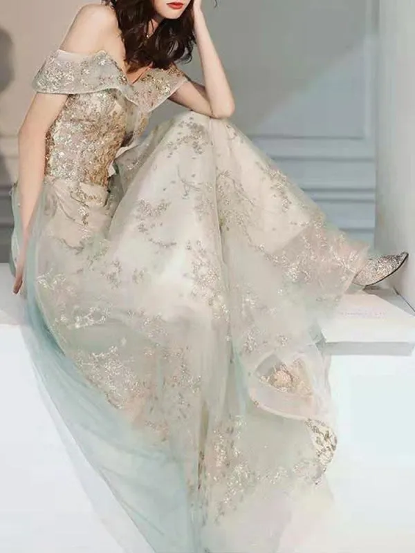 Prom Dress Mint Green Off The Shoulder A-Line Short Sleeves Lace-Up Sequins Long Party Dresses