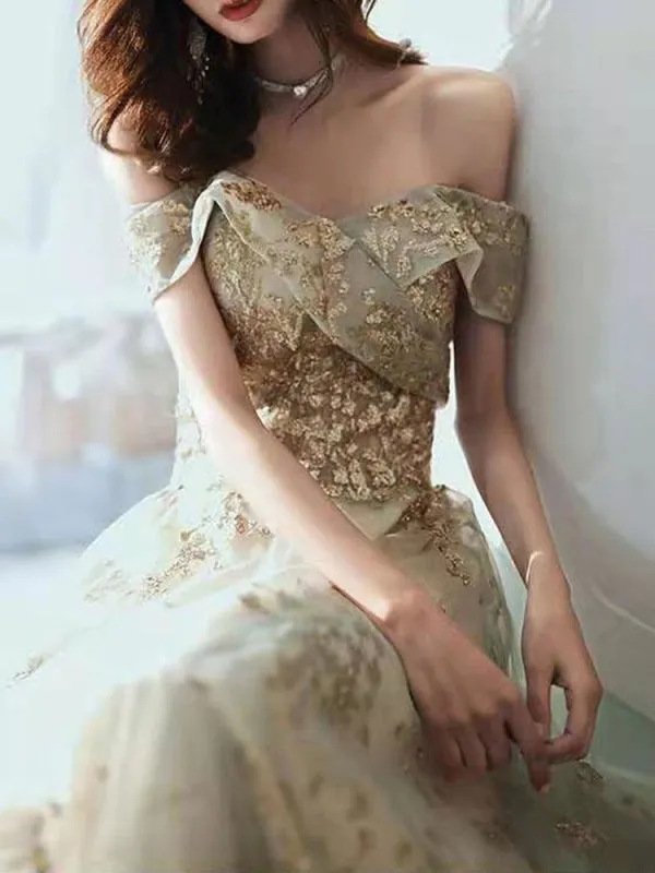 Prom Dress Mint Green Off The Shoulder A-Line Short Sleeves Lace-Up Sequins Long Party Dresses