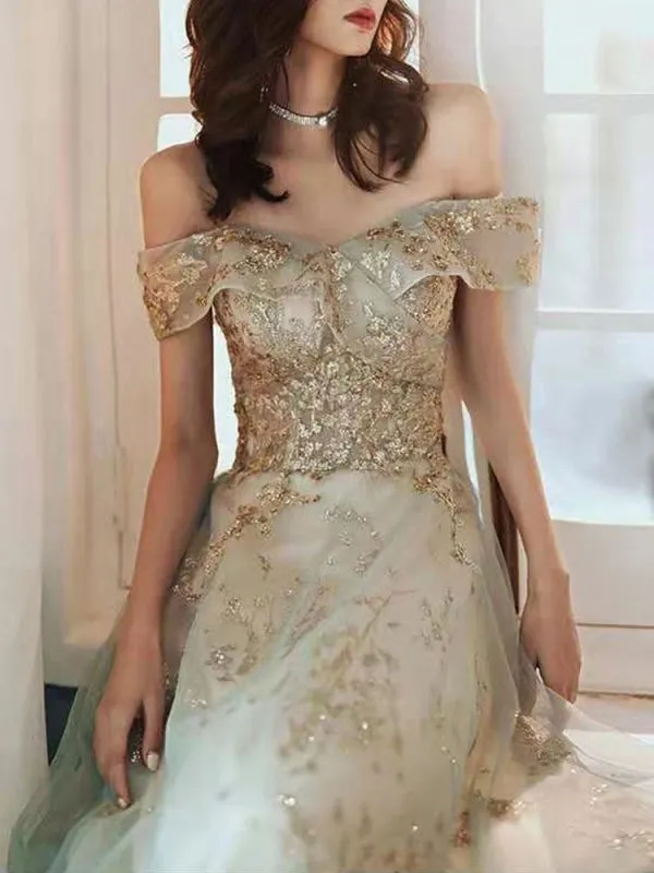 Prom Dress Mint Green Off The Shoulder A-Line Short Sleeves Lace-Up Sequins Long Party Dresses
