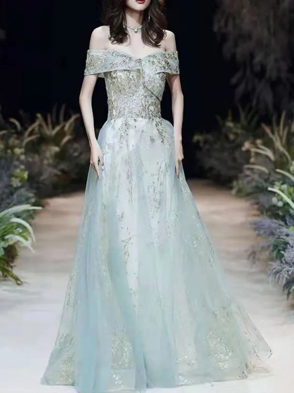 Prom Dress Mint Green Off The Shoulder A-Line Short Sleeves Lace-Up Sequins Long Party Dresses