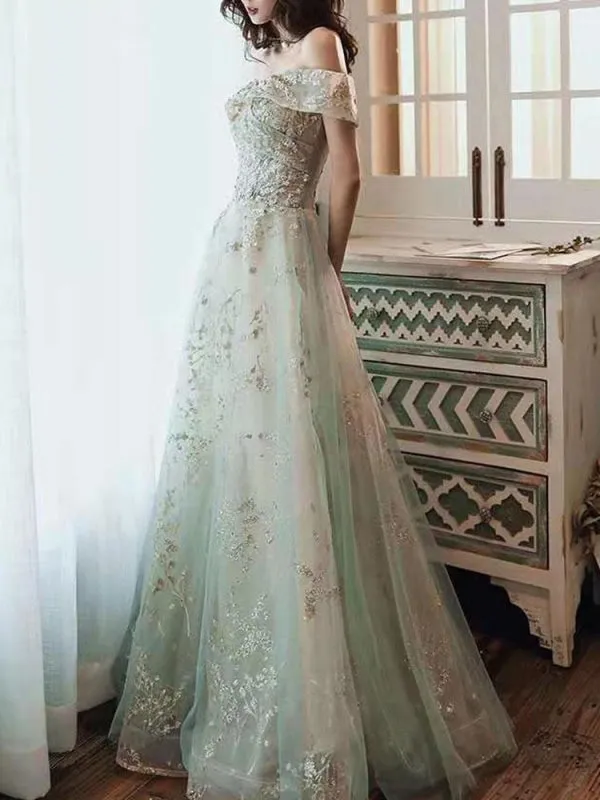 Prom Dress Mint Green Off The Shoulder A-Line Short Sleeves Lace-Up Sequins Long Party Dresses