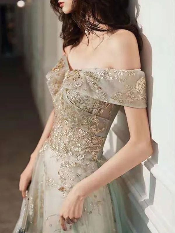 Prom Dress Mint Green Off The Shoulder A-Line Short Sleeves Lace-Up Sequins Long Party Dresses