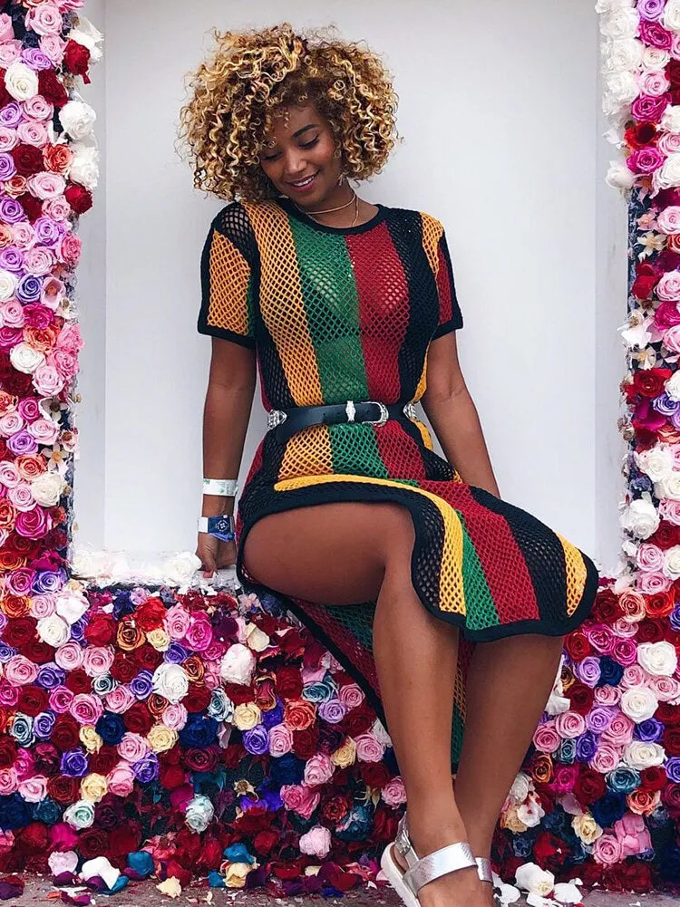 Rainbow Stripe Hollow Out Fishnet Crochet Midi Dress