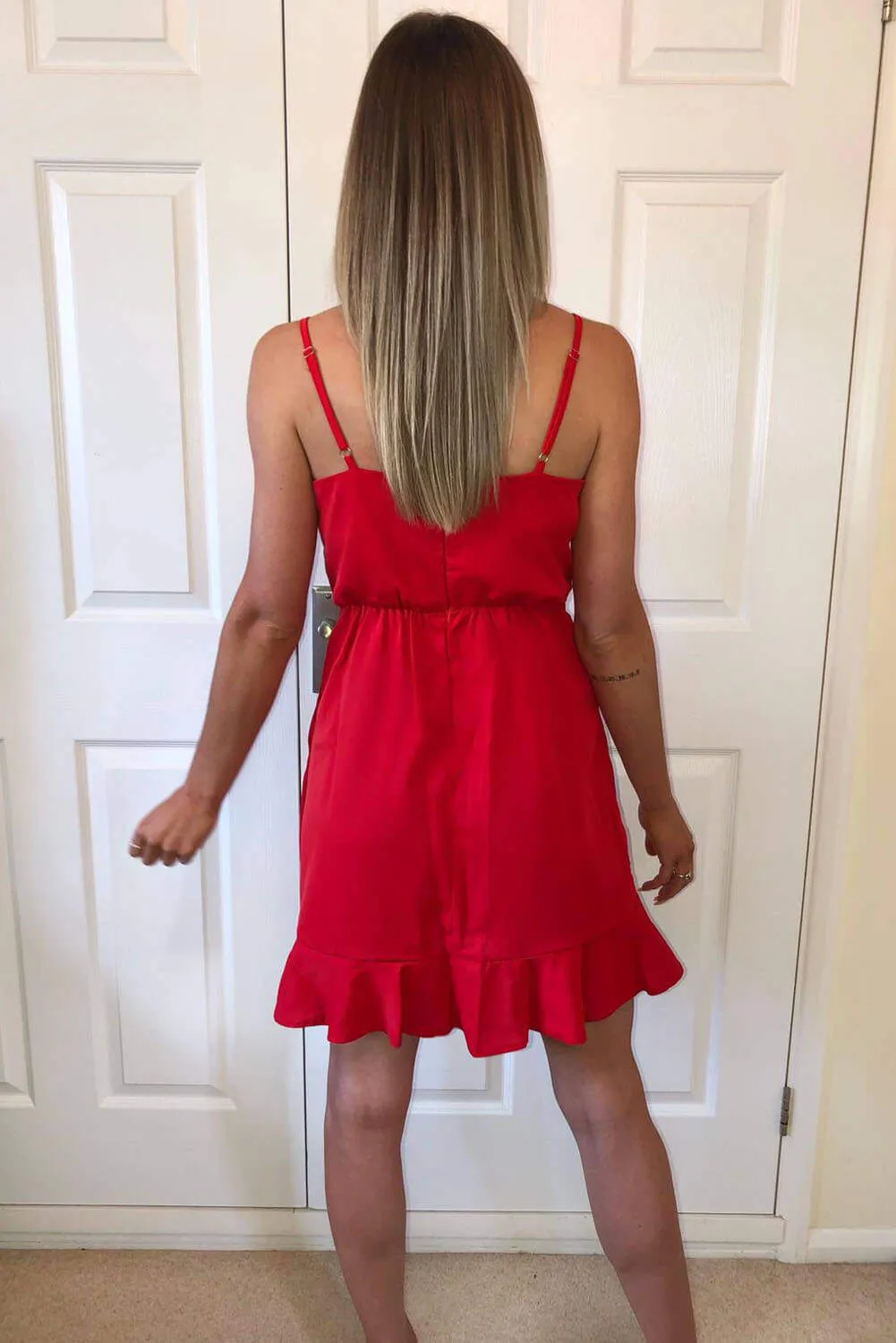Red Strappy Frill Hem Mini Dress