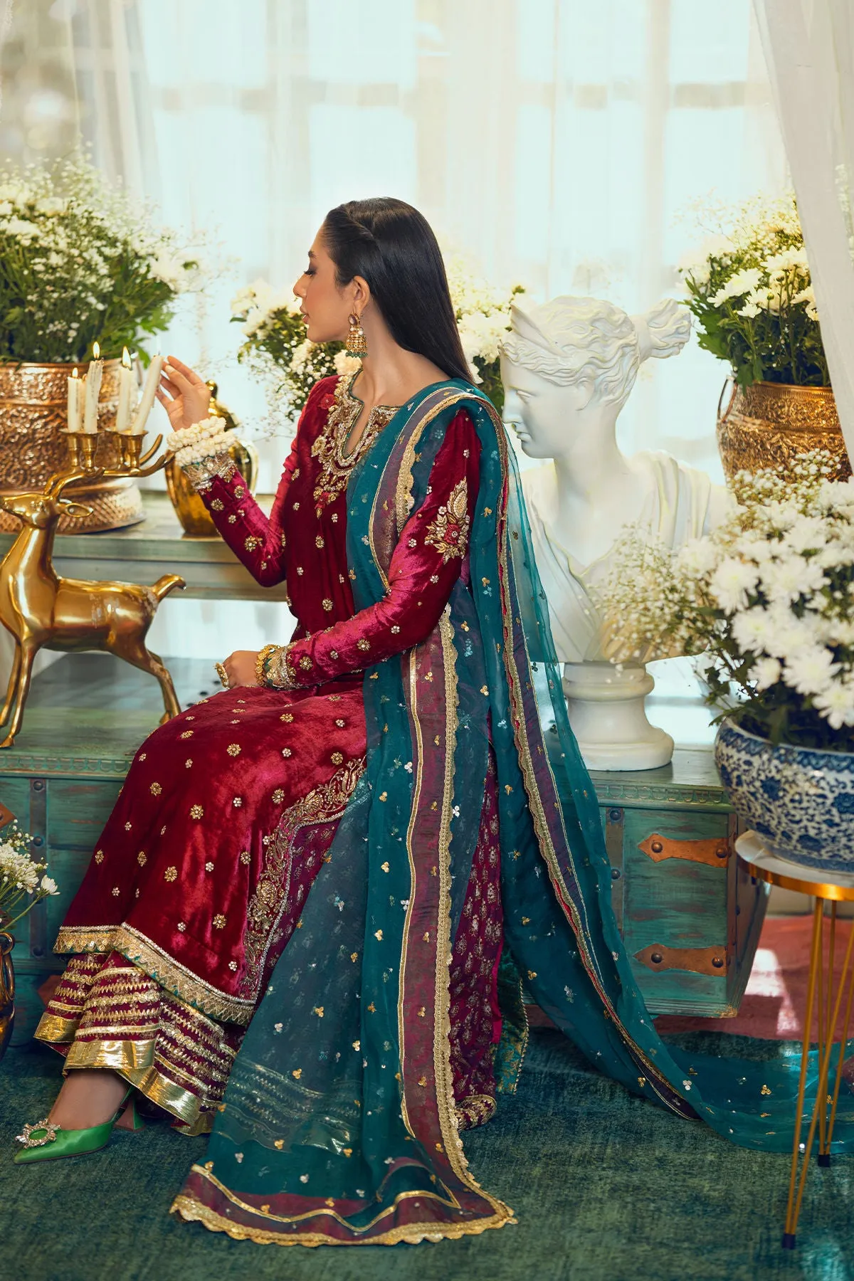 Red Velvet Long Kameez Salwar Pakistani Wedding Dresses