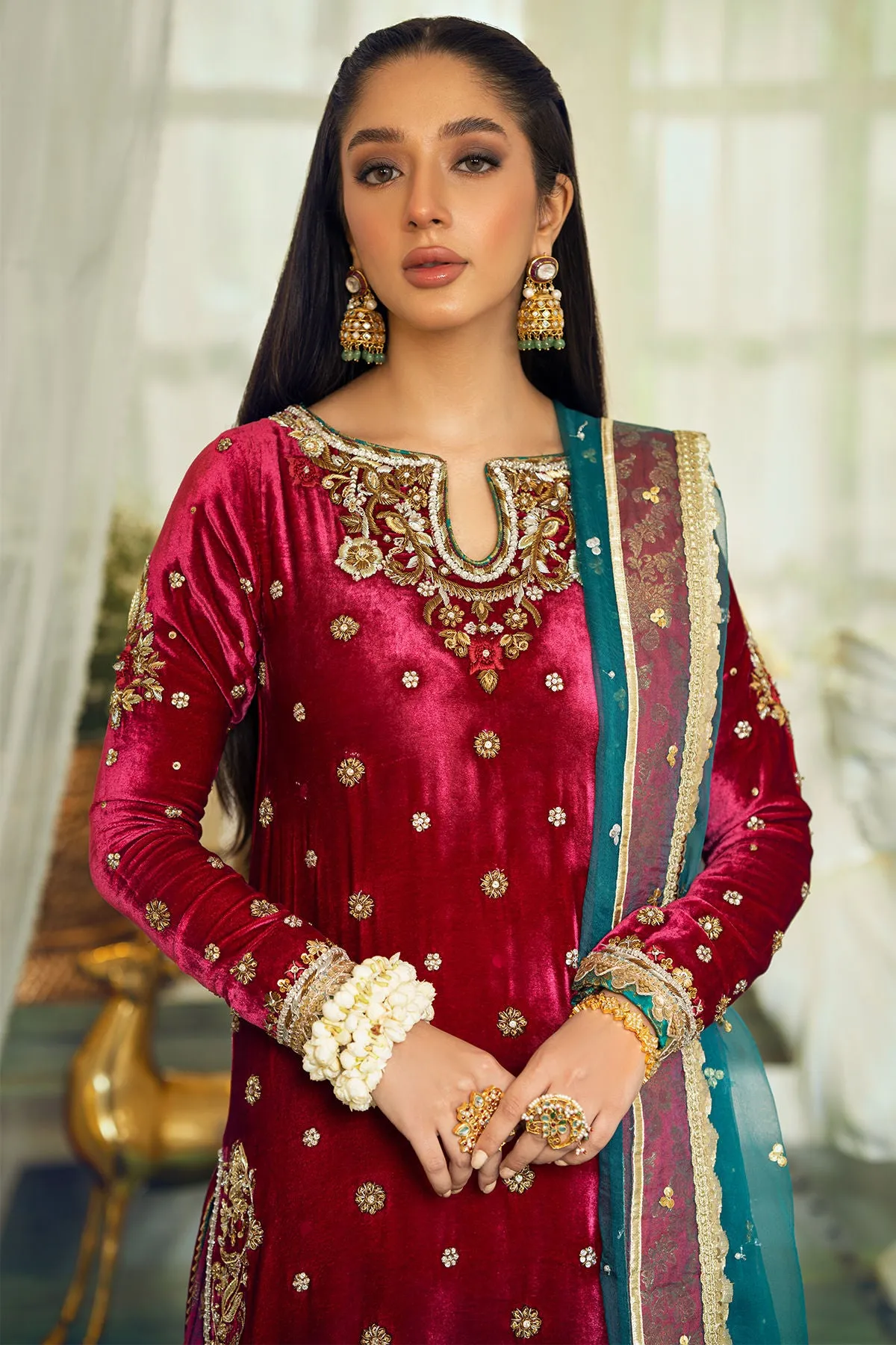 Red Velvet Long Kameez Salwar Pakistani Wedding Dresses
