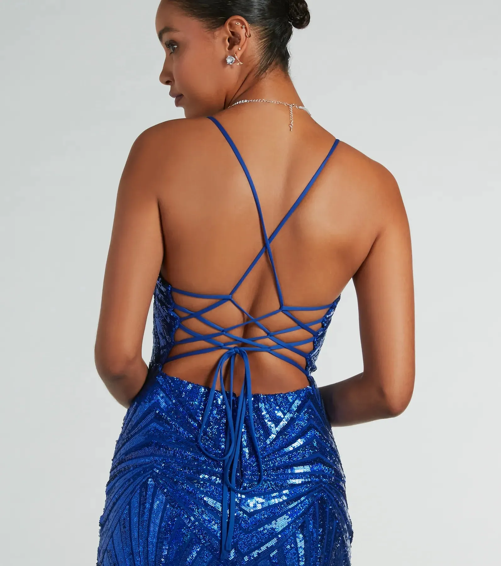 Regina Lace-Up Mermaid Sequin Mesh Formal Dress
