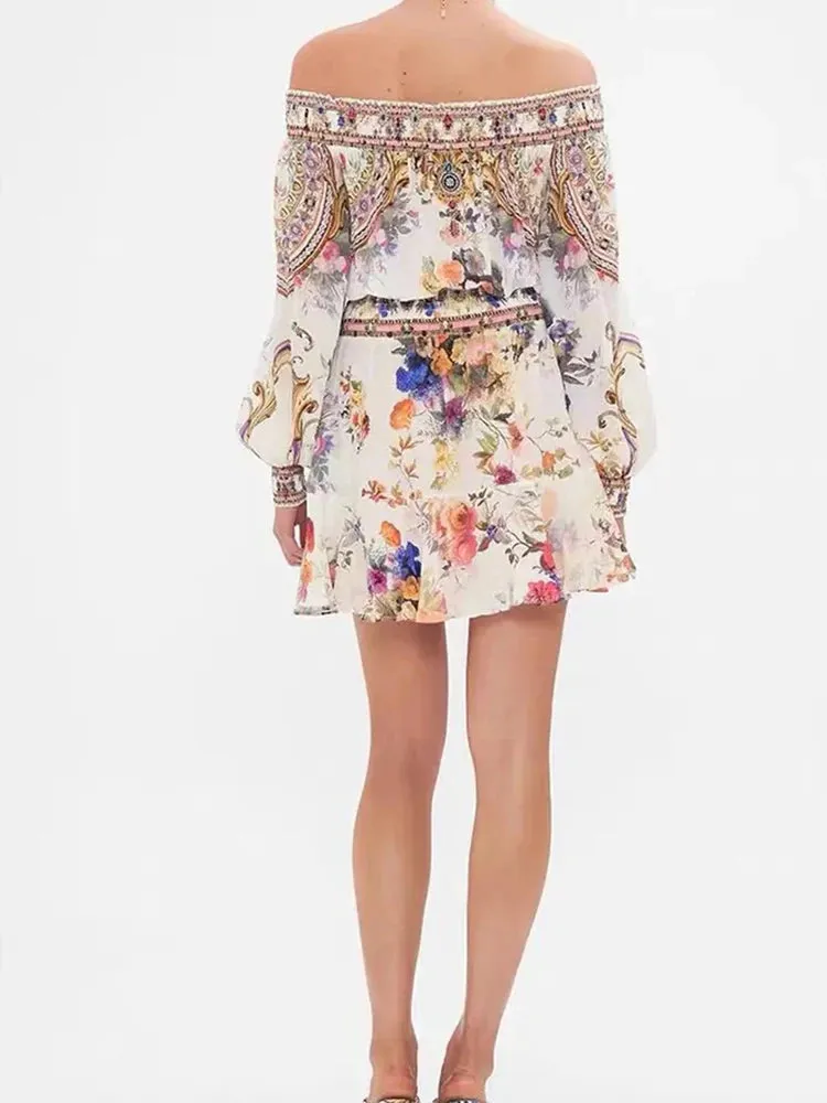 Retro Floral Print Diagonal Collar Sleeve off-the-Shoulder Dress