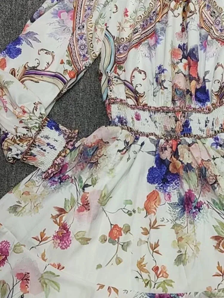 Retro Floral Print Diagonal Collar Sleeve off-the-Shoulder Dress