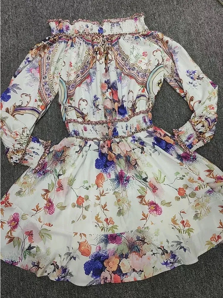 Retro Floral Print Diagonal Collar Sleeve off-the-Shoulder Dress