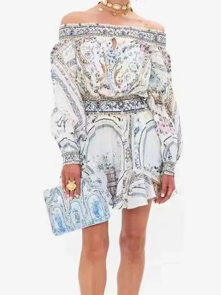 Retro Floral Print Diagonal Collar Sleeve off-the-Shoulder Dress