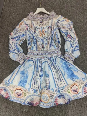 Retro Floral Print Diagonal Collar Sleeve off-the-Shoulder Dress