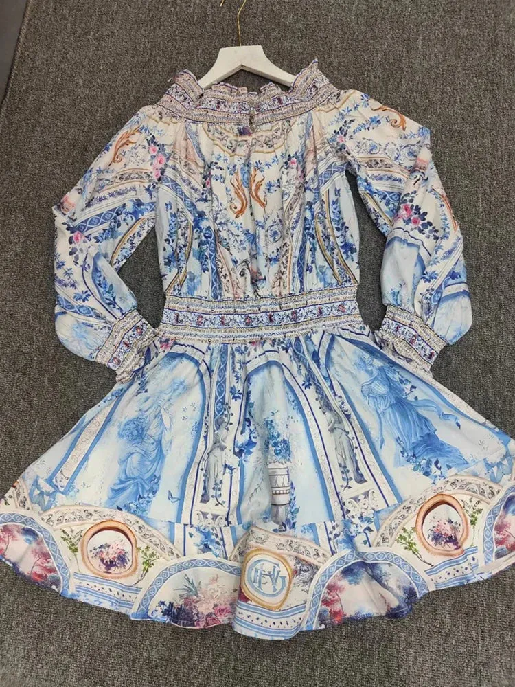 Retro Floral Print Diagonal Collar Sleeve off-the-Shoulder Dress